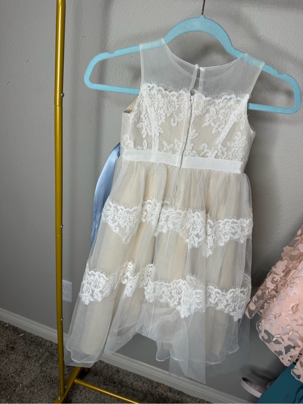 Ivory Lace Tulle Kids Dress with Blue Sash Flow David Bridal Lace Illusions - Picture 2 of 6